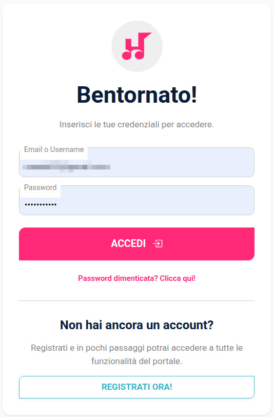 Schermata di accesso nell'account