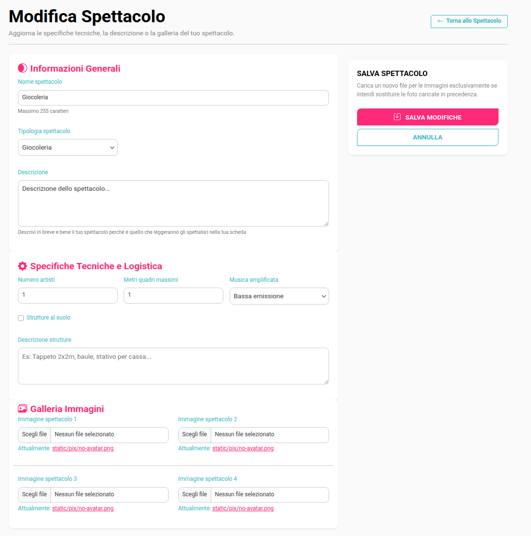 Schermata modifica spettacolo
