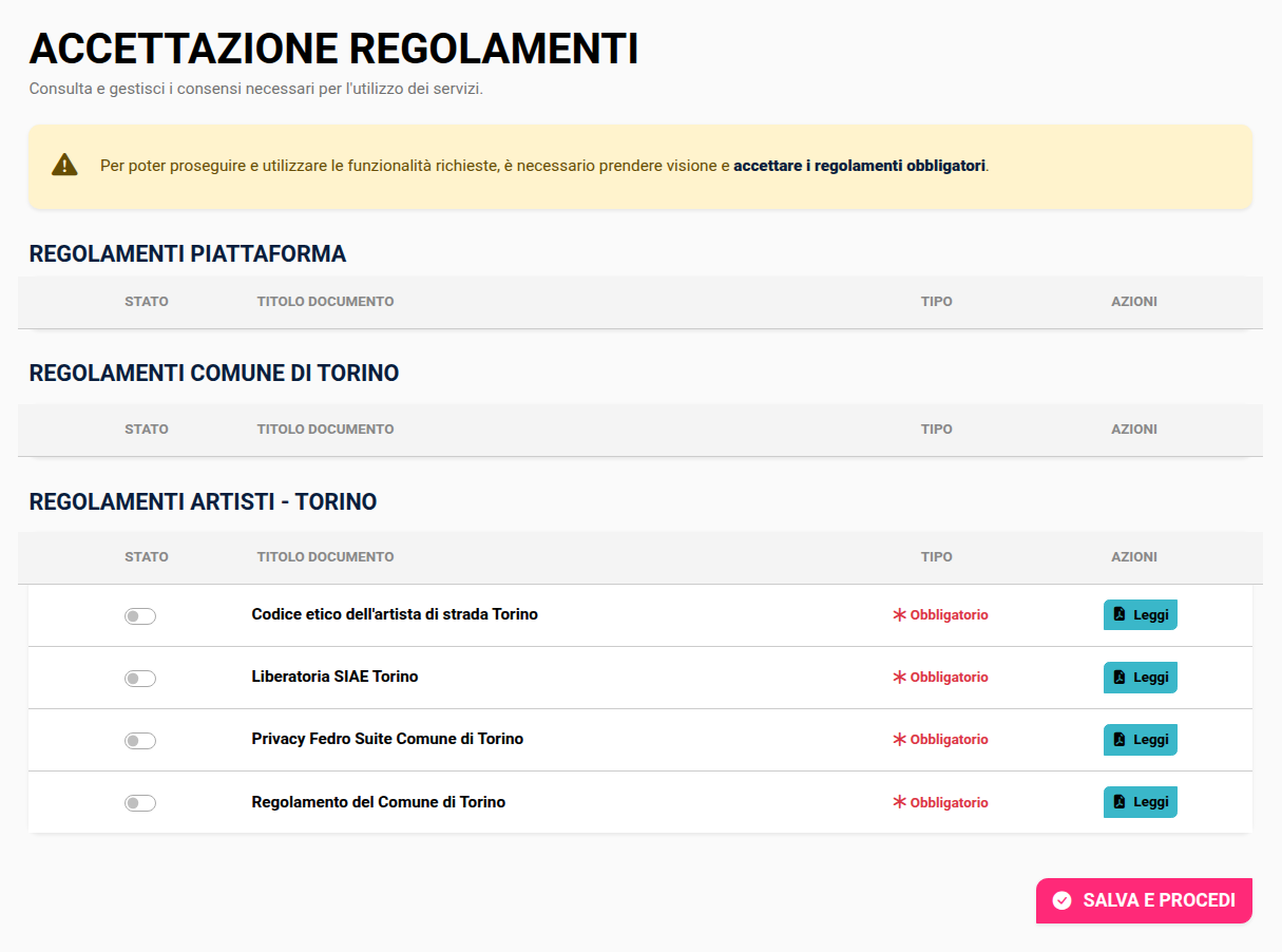Scheda accettazione regolamento