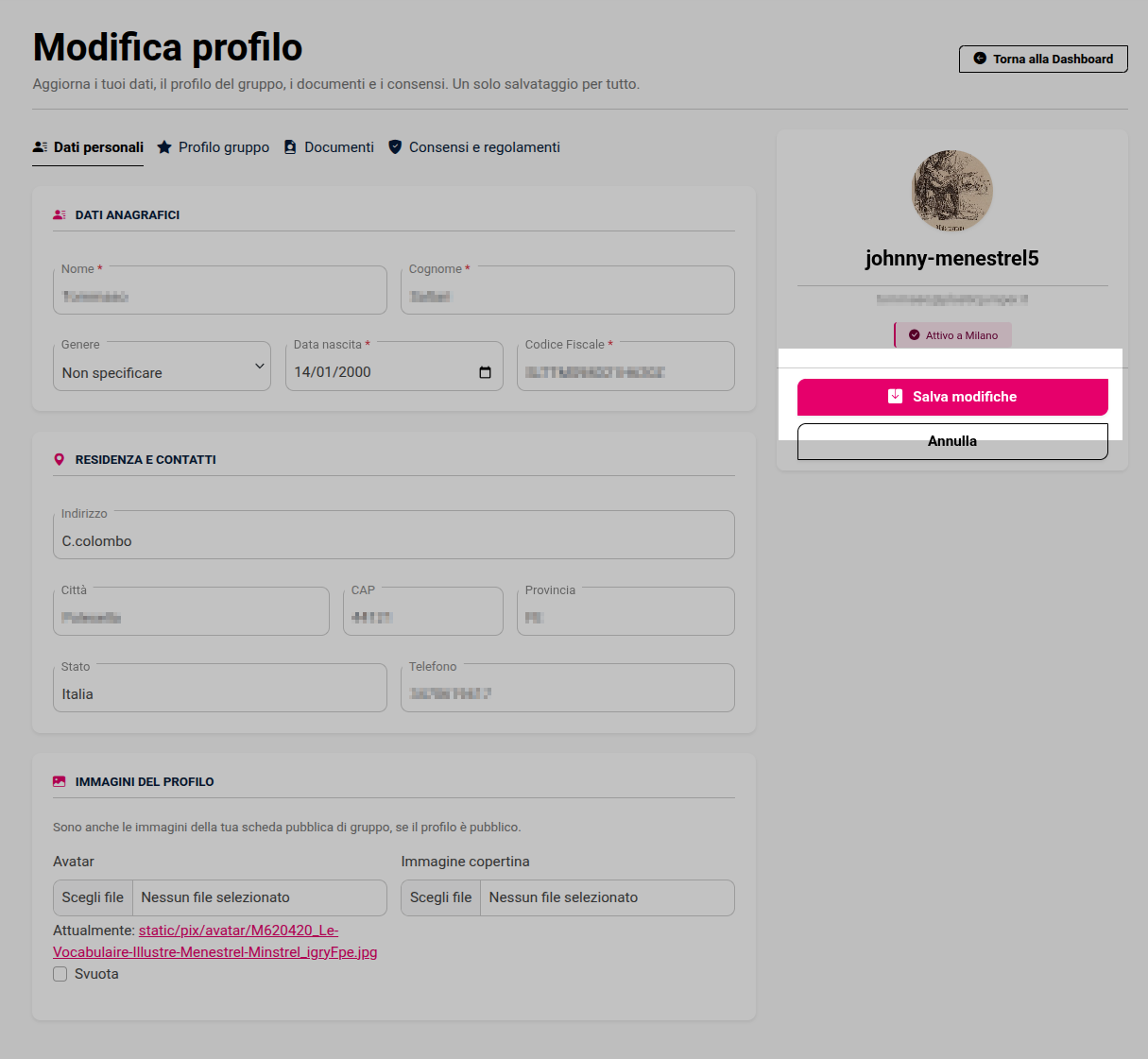 modifica profilo
