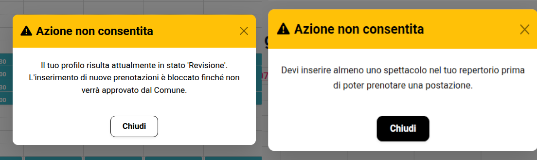 Messaggi revisone o errore durante prenotazione