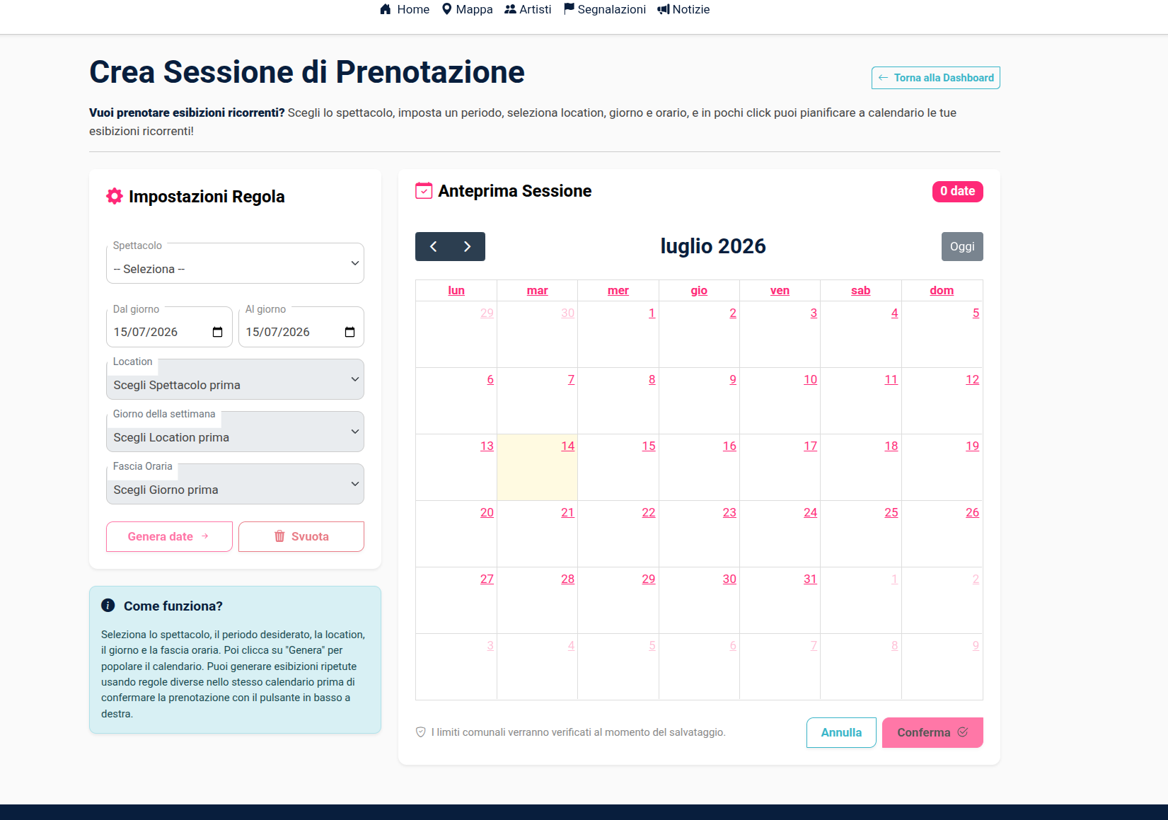 sessione di prenotazione