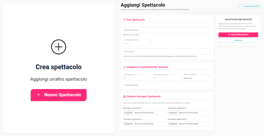 Schermata congiunta passaggi creazione spettacolo