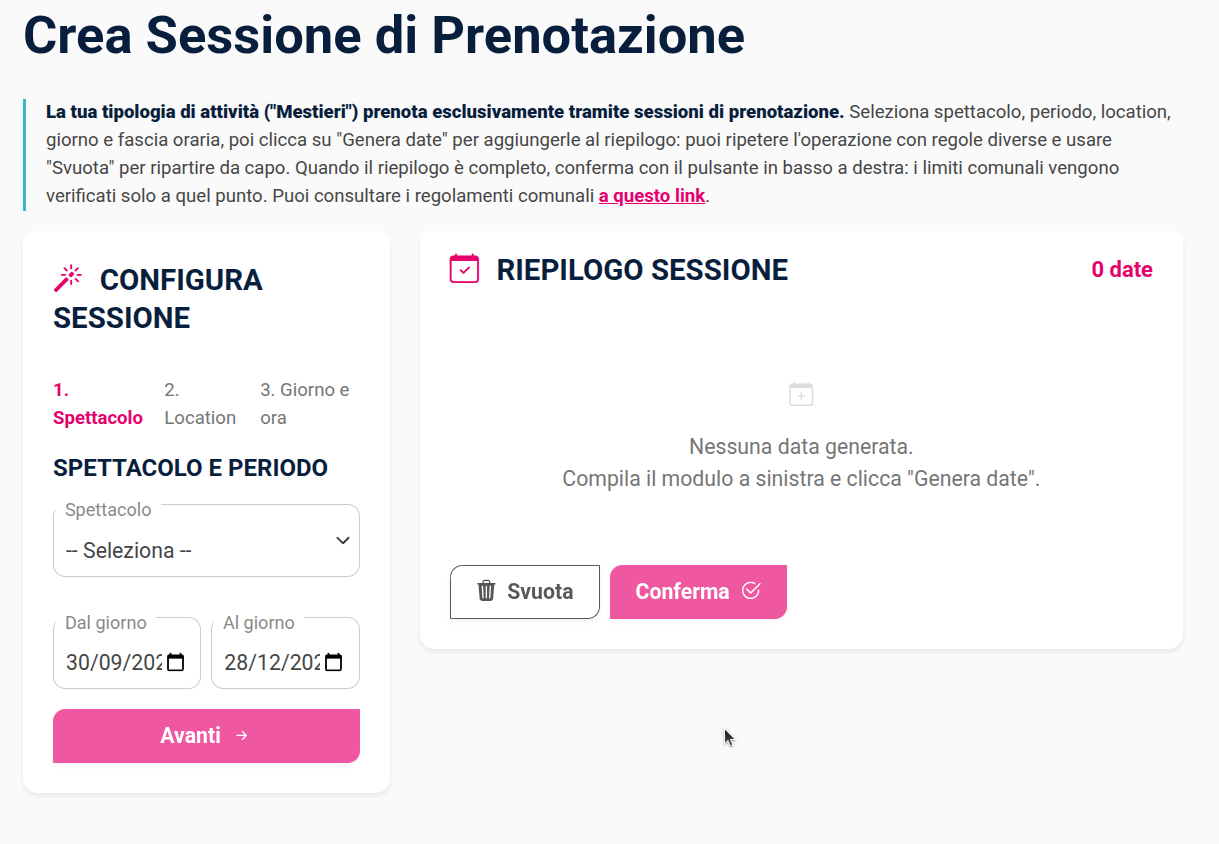 crea sessione di prenotazione