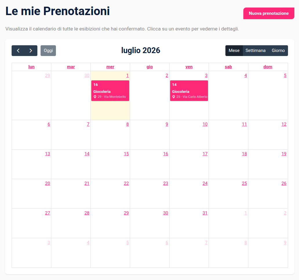 Schermata Mie Prenotazioni area personale