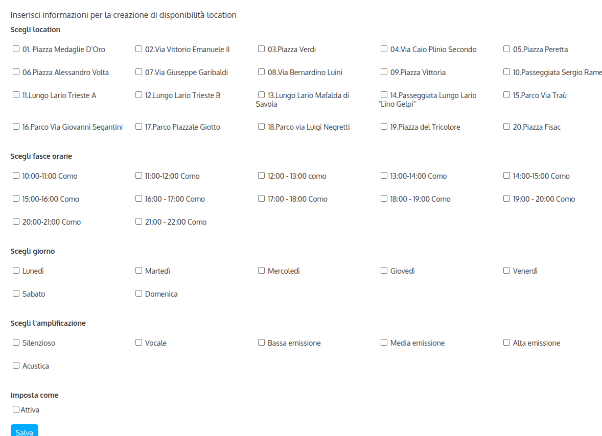 Schermata inserimento informazioni per la creazione di disponibilità location