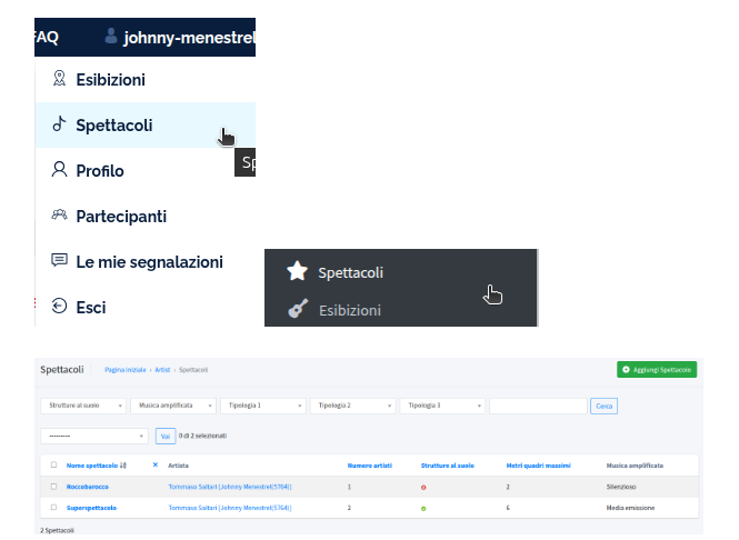 Aggiungere/modificare spettacoli