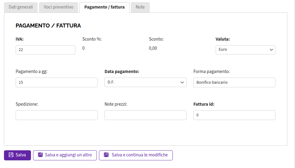 Preventivi Pagamento fattura
