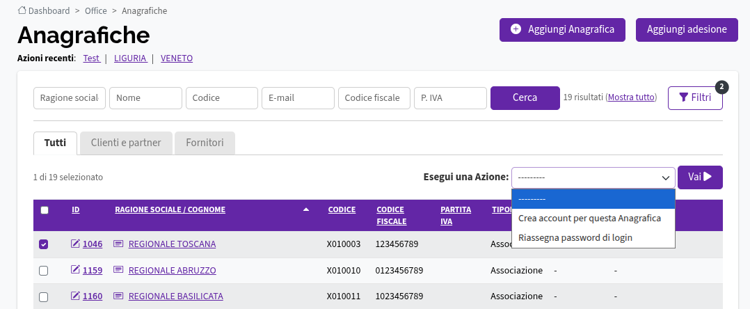 Anagrafica crea un account azione