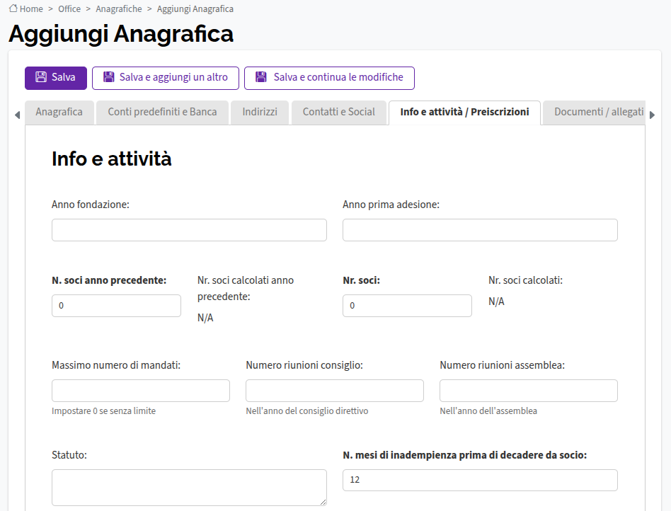 Info e attività tab Anagrafiche