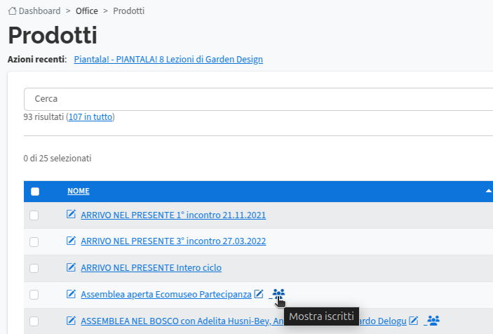Come vedere gli iscritti ad un prodotto di tipo evento / corso
