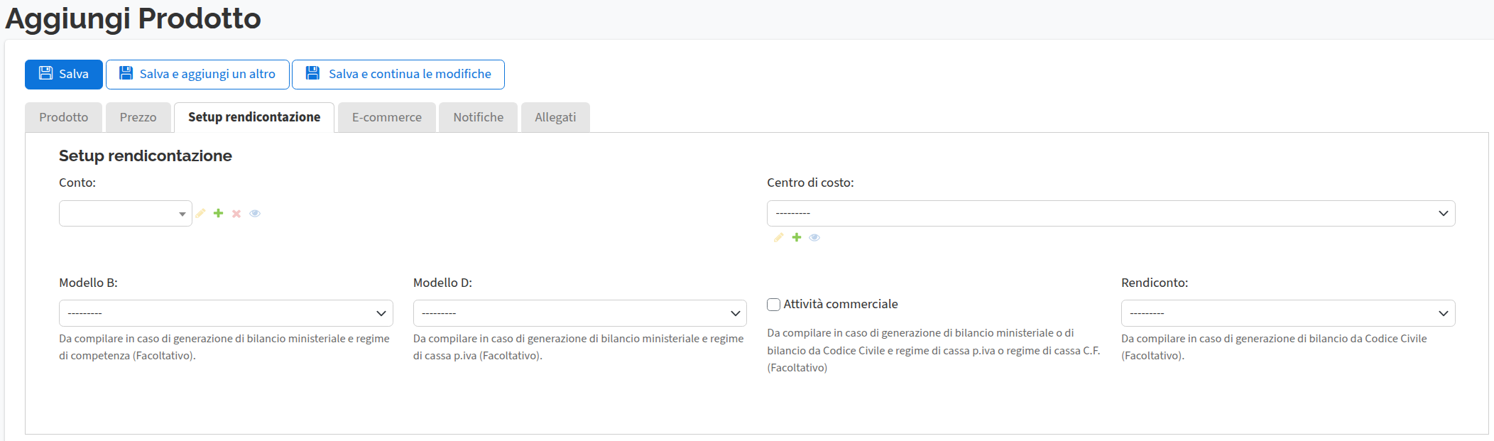 Tab setup rendicontazione prodotti