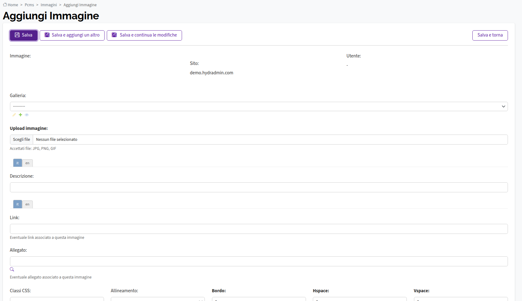 Aggiungi immagine pandora cms