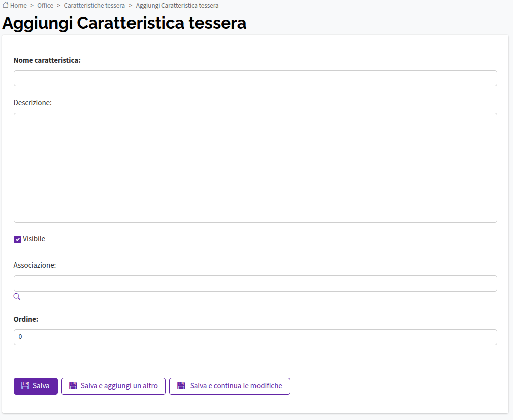 Aggiungi Caratteristica Tessera