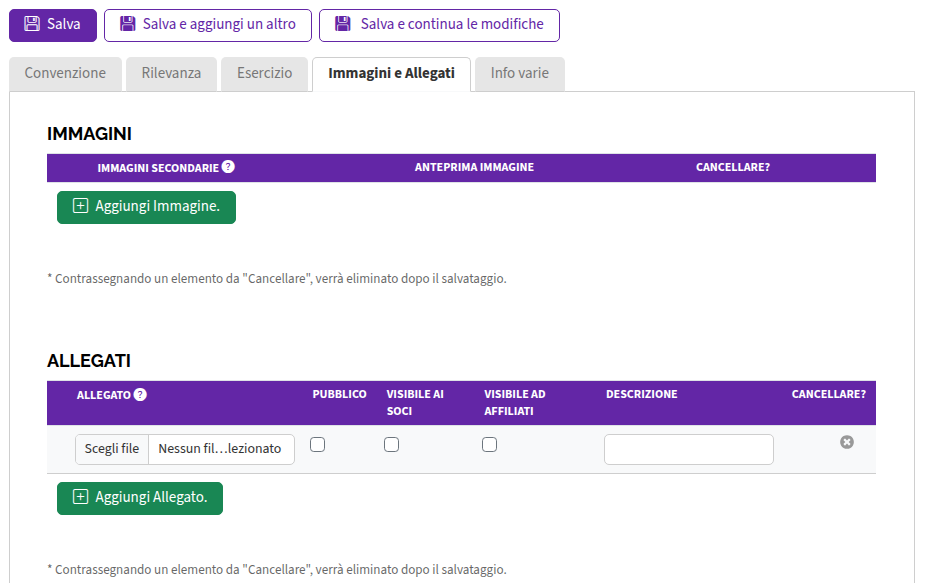 Aggiungi Convenzione Immagini e Allegati