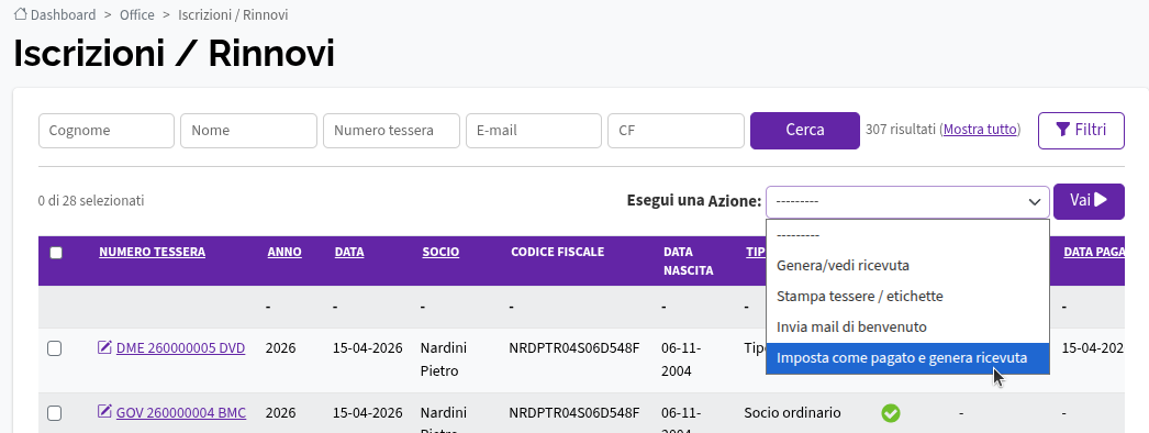 Genera ricevute da tessera