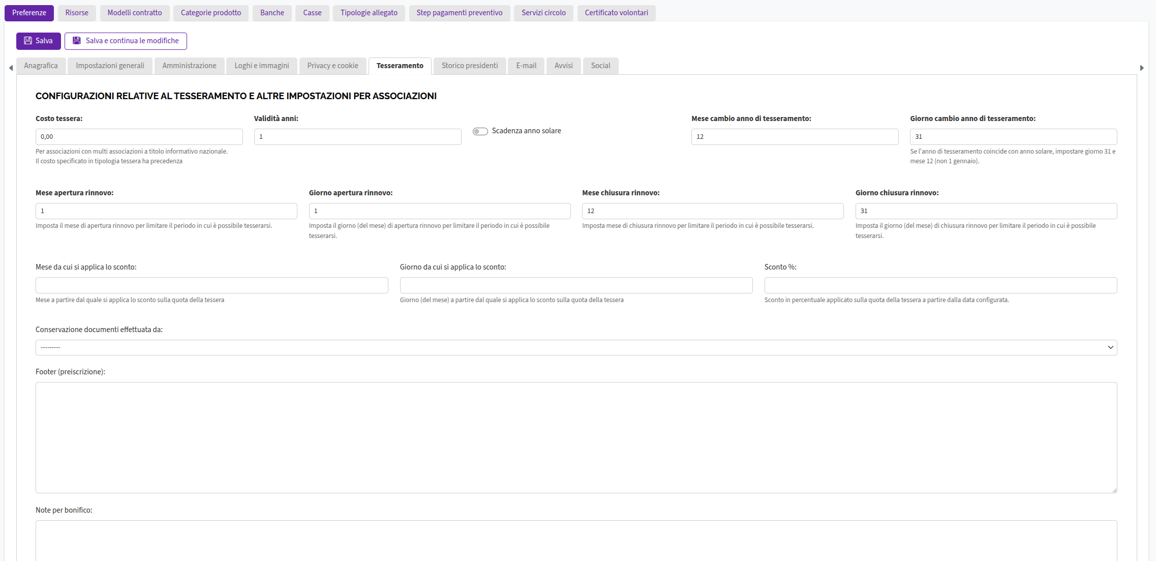 Configurazione tesseramento soci
