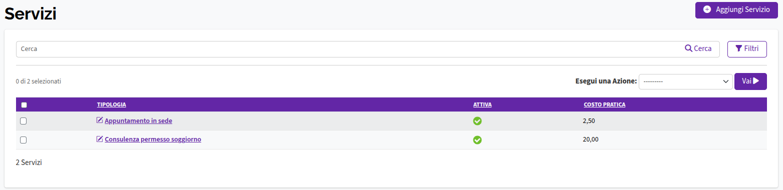 Visualizzazione a lista servizi