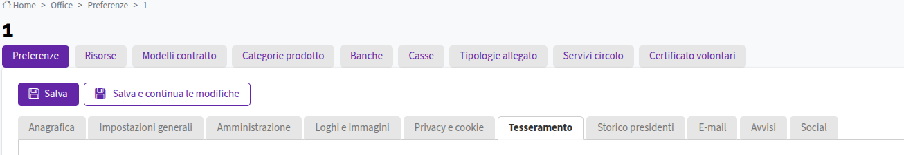 Pagina elenco tab preferenze