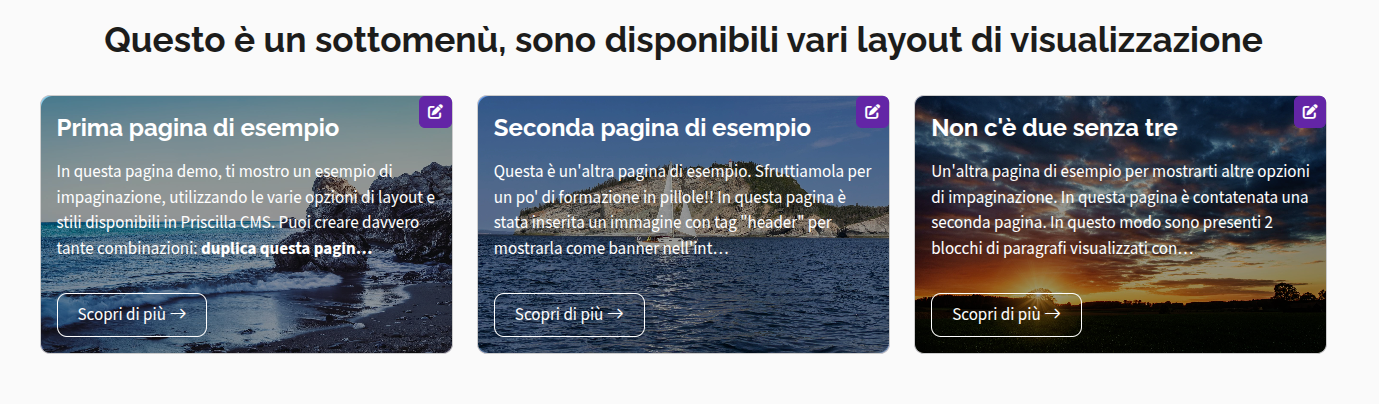 Schermata sottomenu visualizzazione pagina