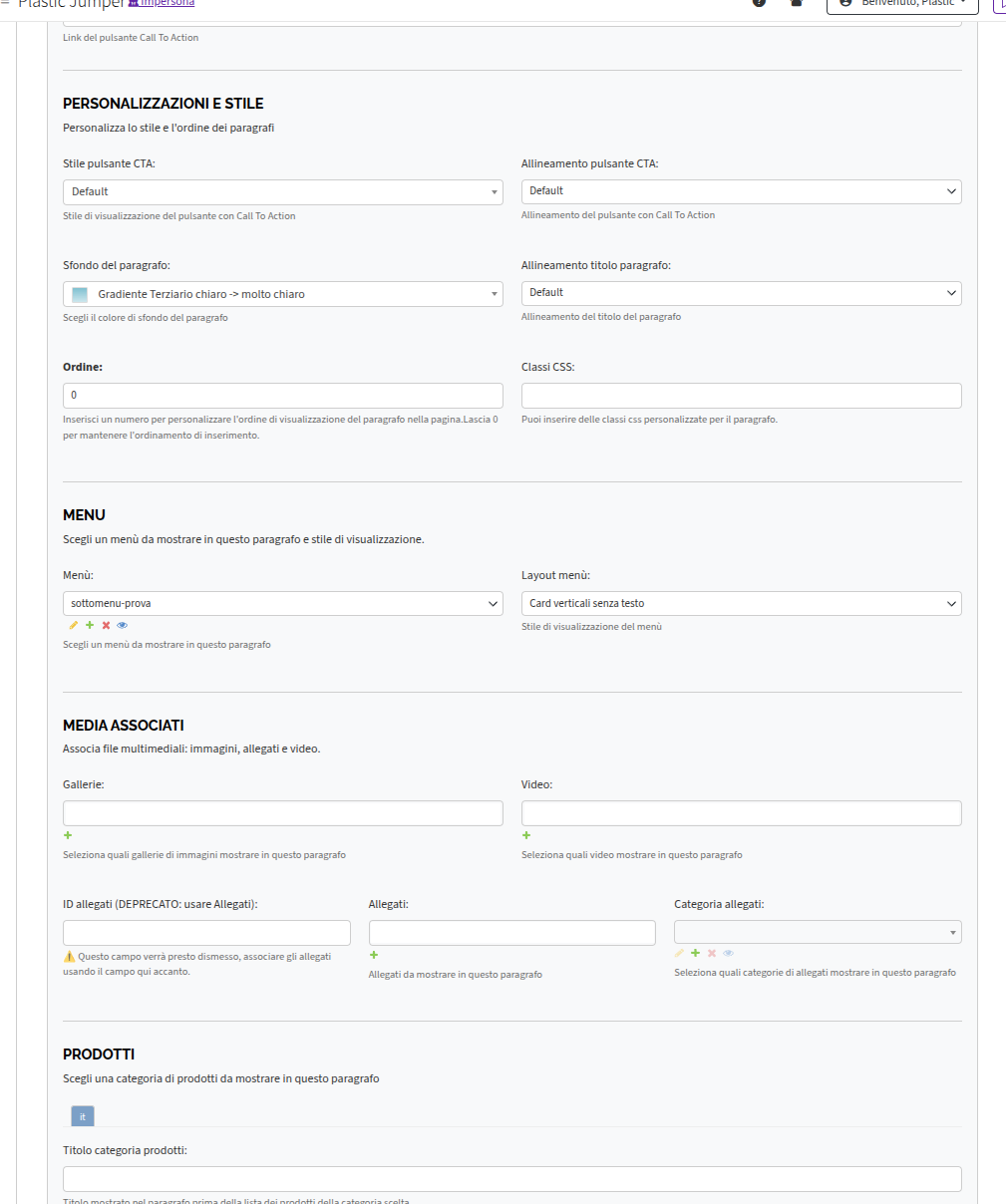 dettagli pagina personalizzazione paragrafo