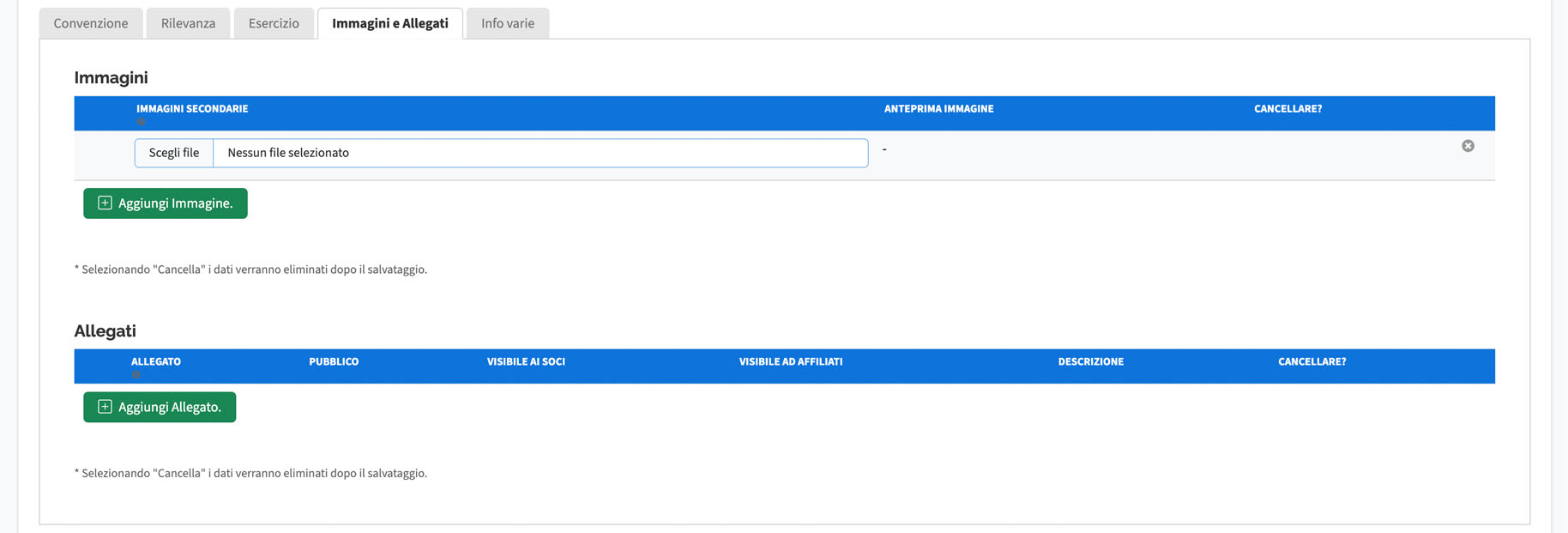 Aggiungi convenzione, immagini secondarie e allegati