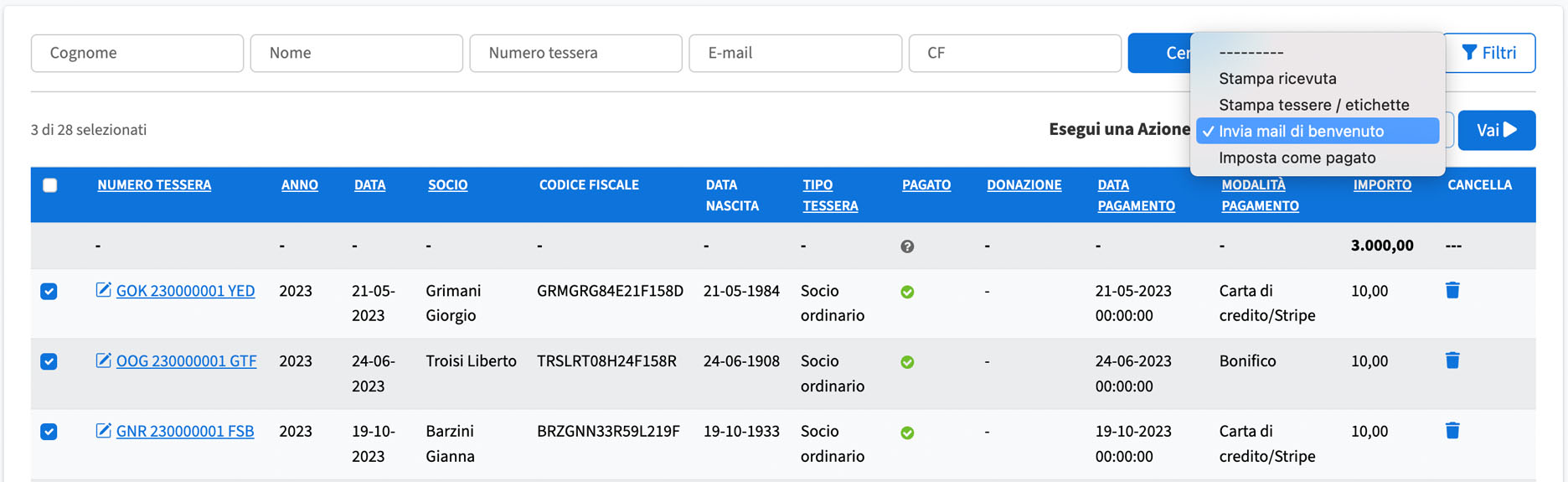 Invia mail di benvenuto ai nuovi soci