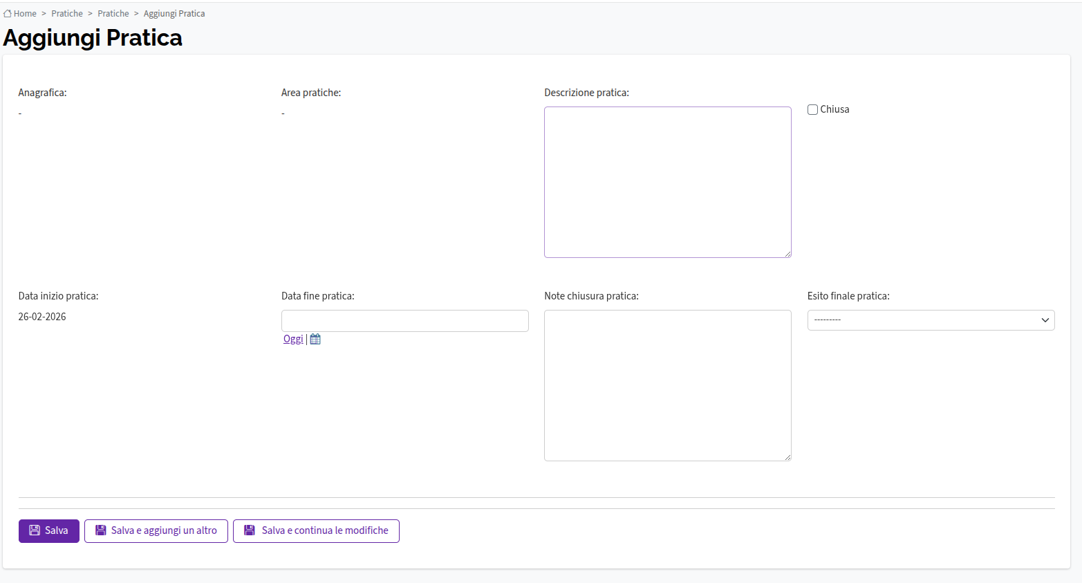 Schermata creazione pratica