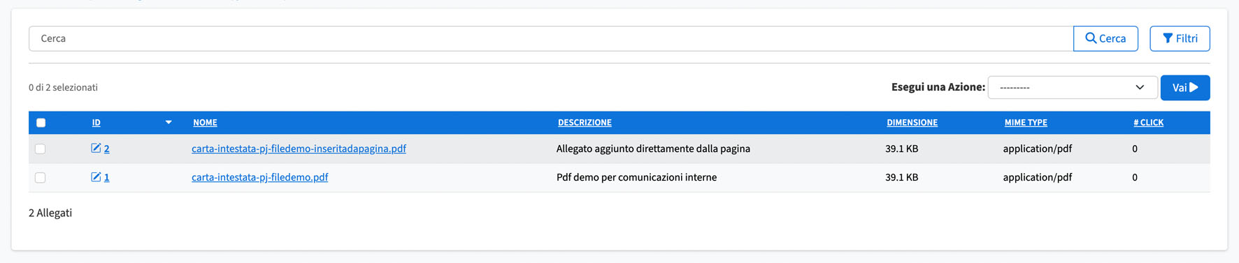 Elenco degli allegati caricati sulla piattaforma