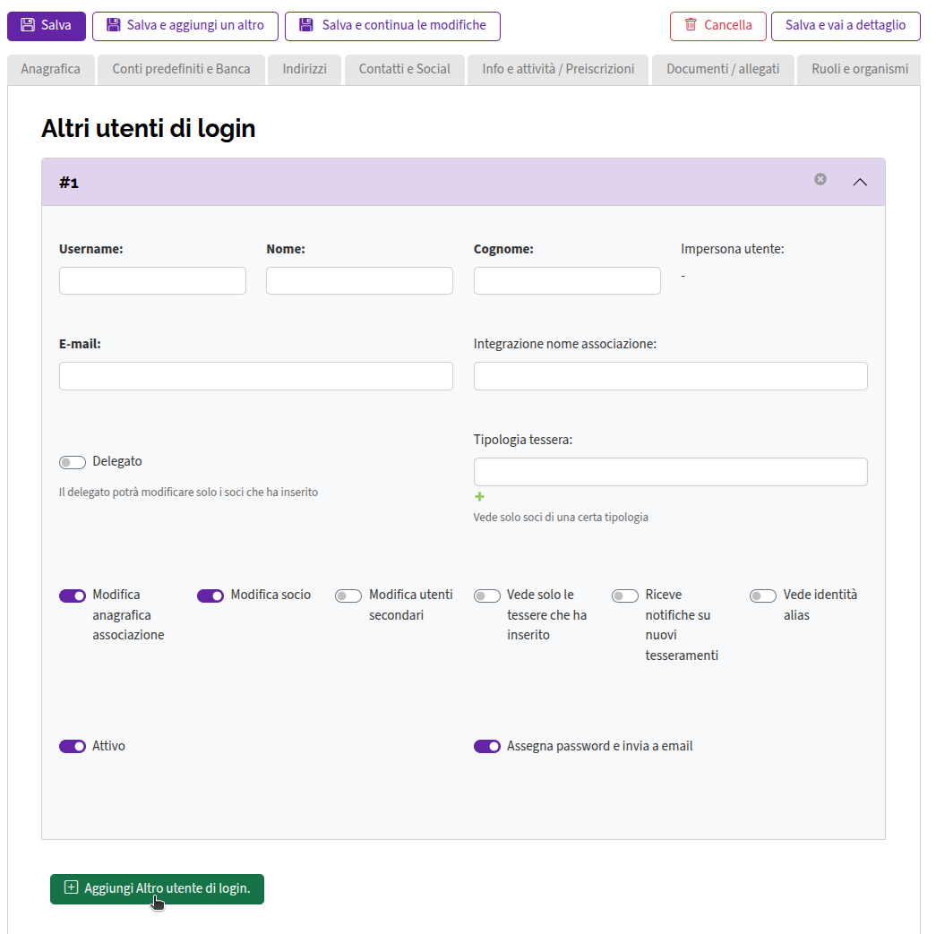 Aggiungi utente secondario di login