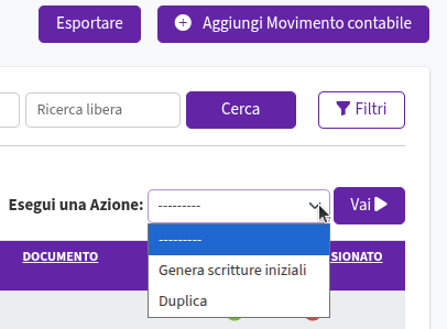 Movimenti contabili Esegui Azione
