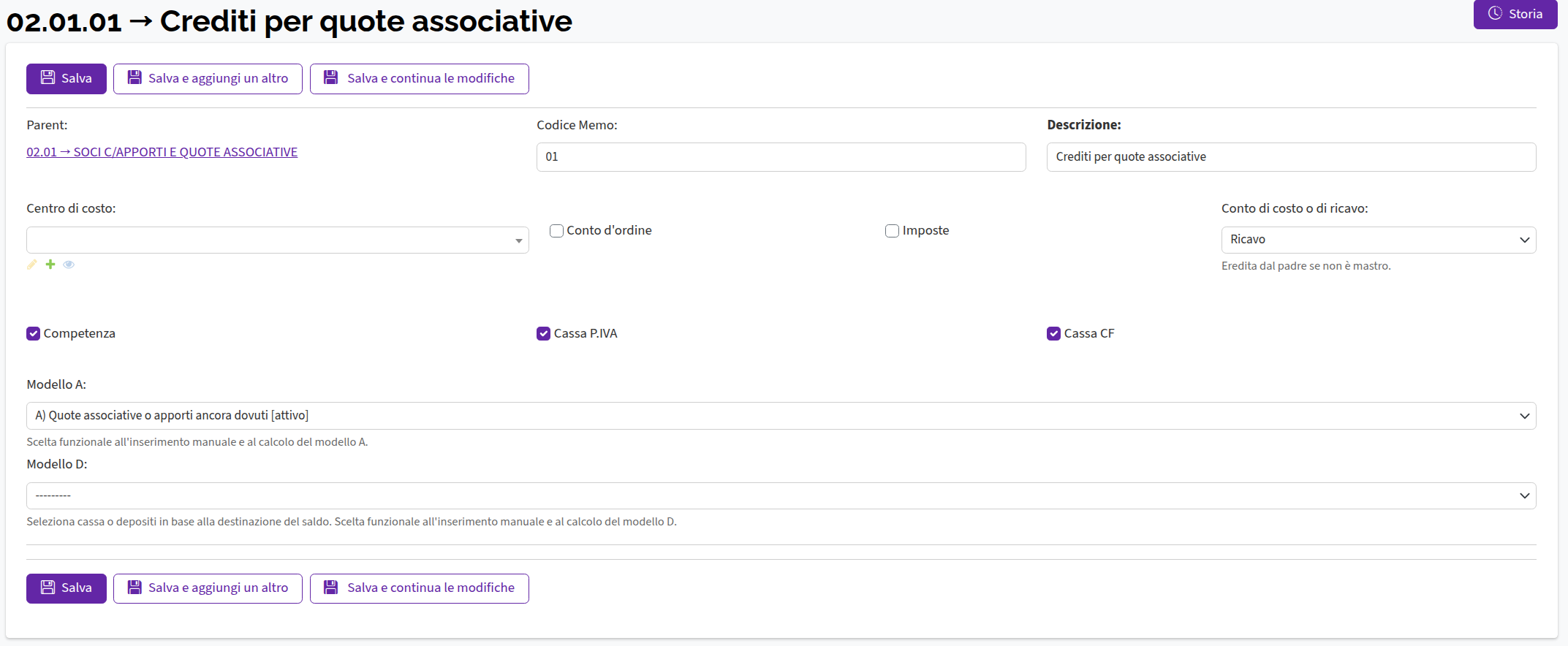 Impostazione sezioni modello A nei sottoconti