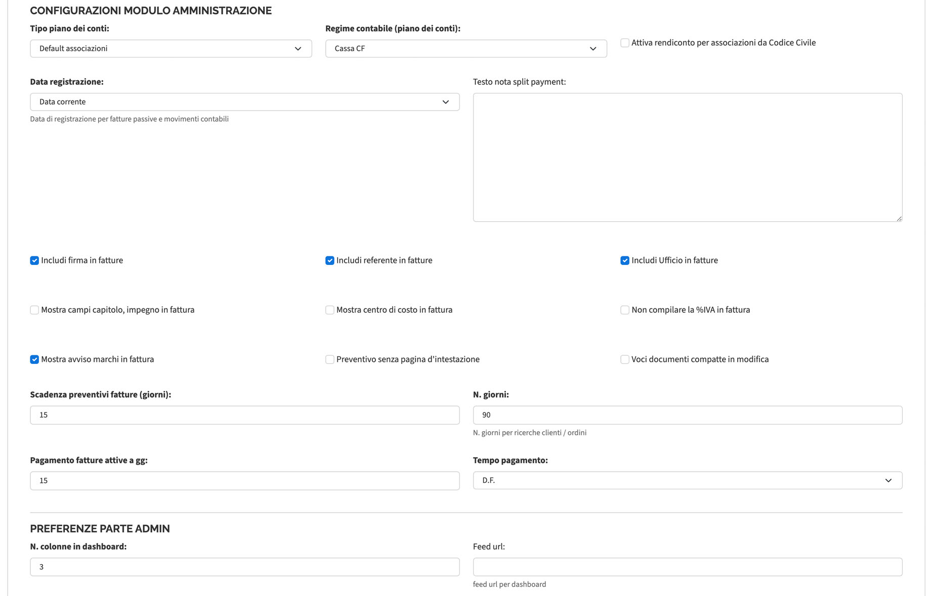 Configurazioni modulo amministrazione