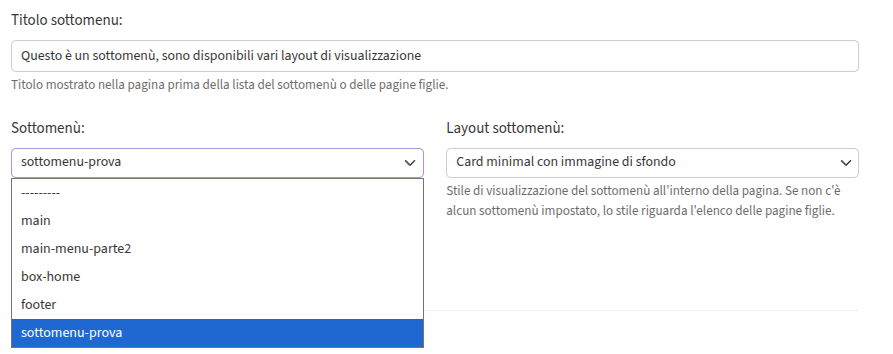 screen sottomenu tendina