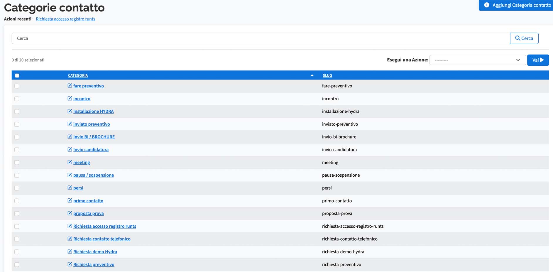 Categorie da inserire per suddividere i contatti