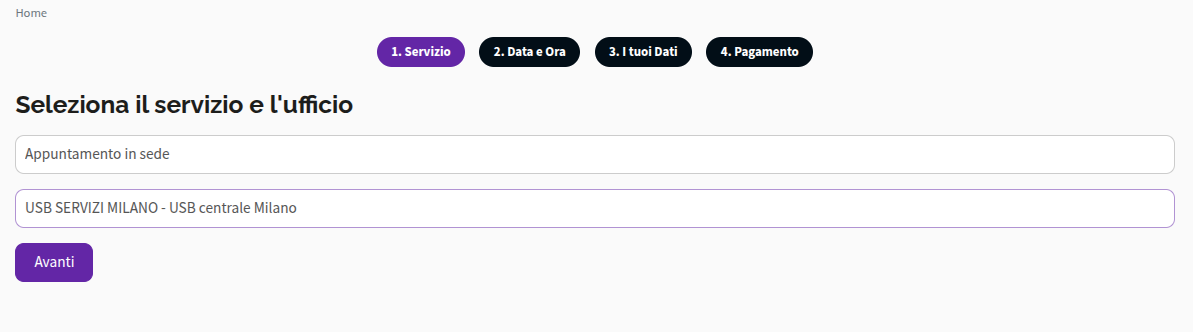 Processo di prenotazione, passo 1
