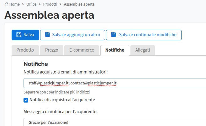 Notifiche email prodotto evento