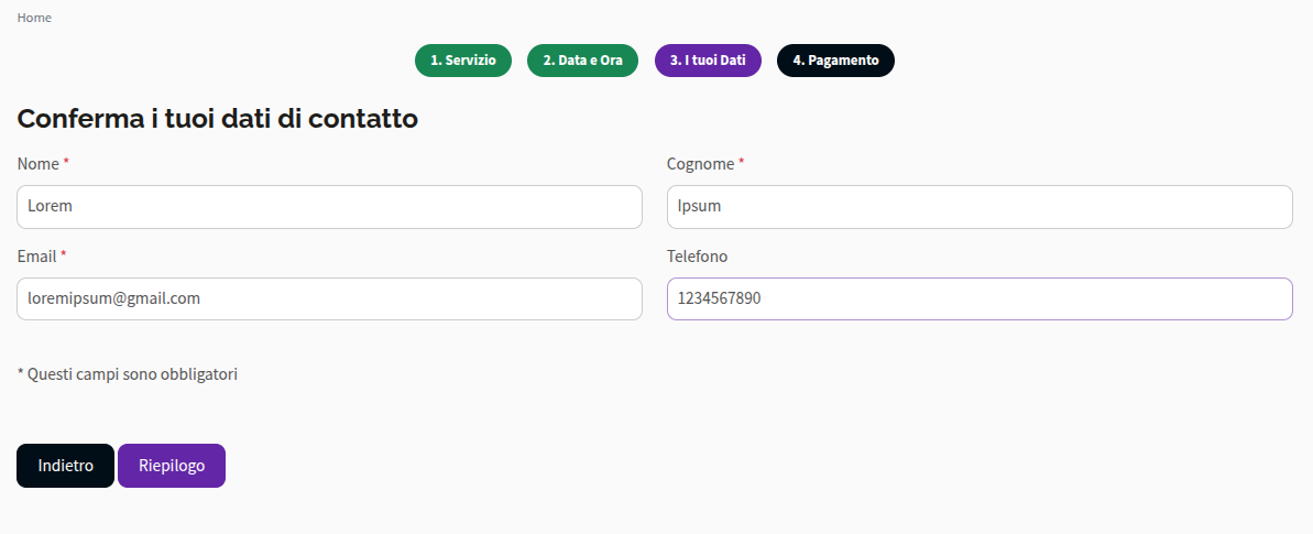 Inserimento dati di contatto appuntamenti