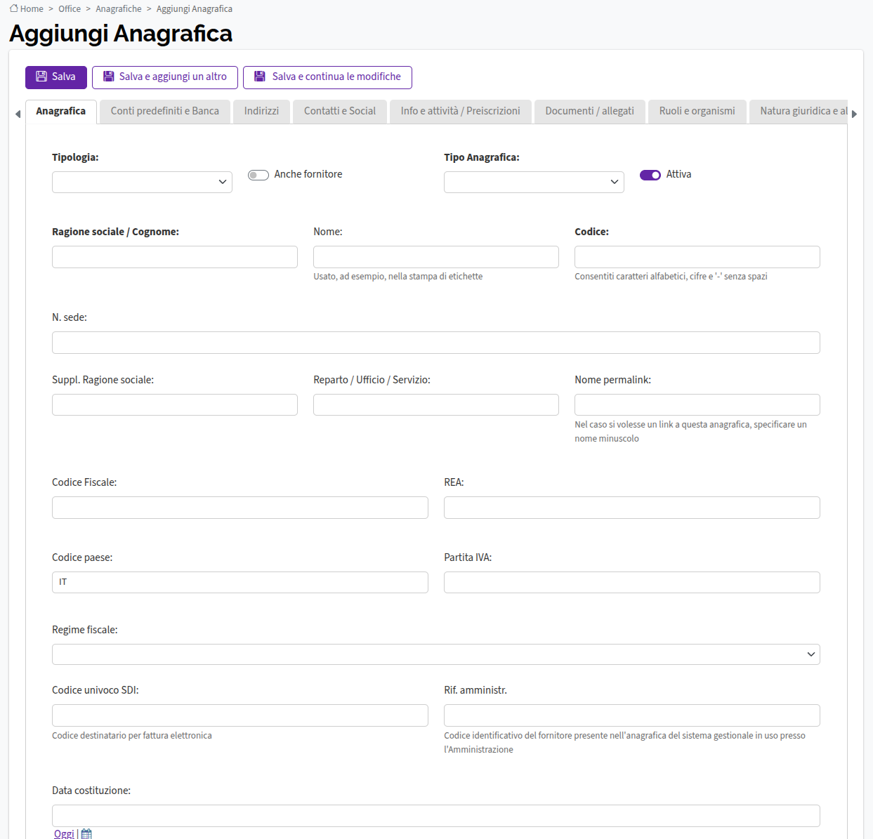 Aggiungi Anagrafica schermata