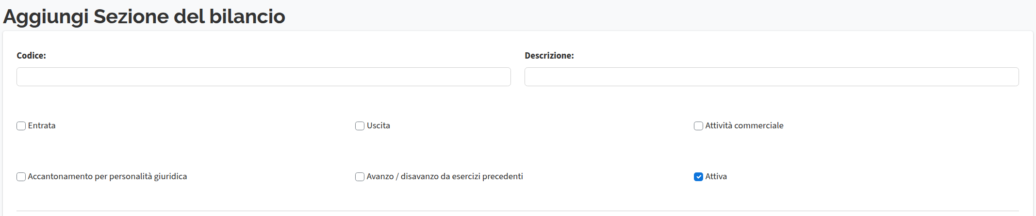 Aggiungi sezione del bilancio