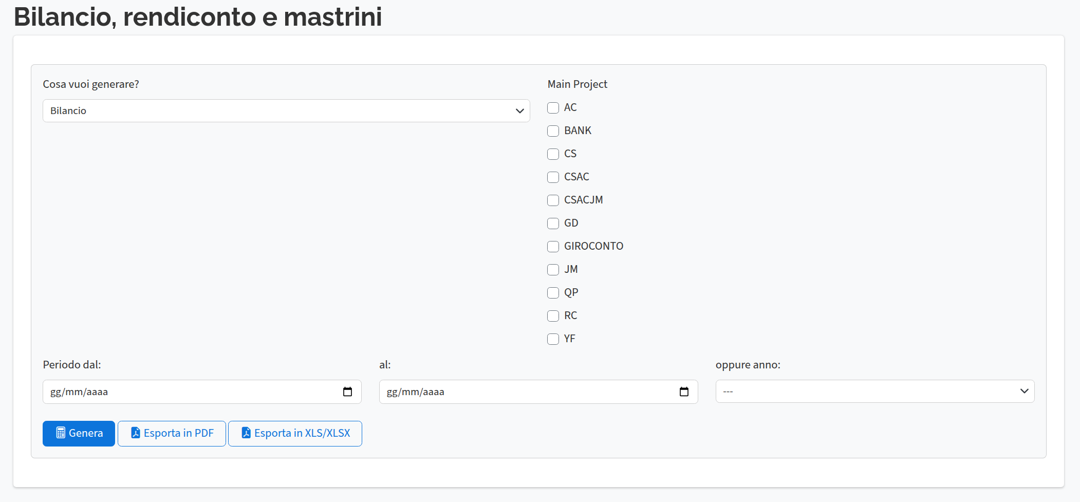 Generazione bilancio per main project