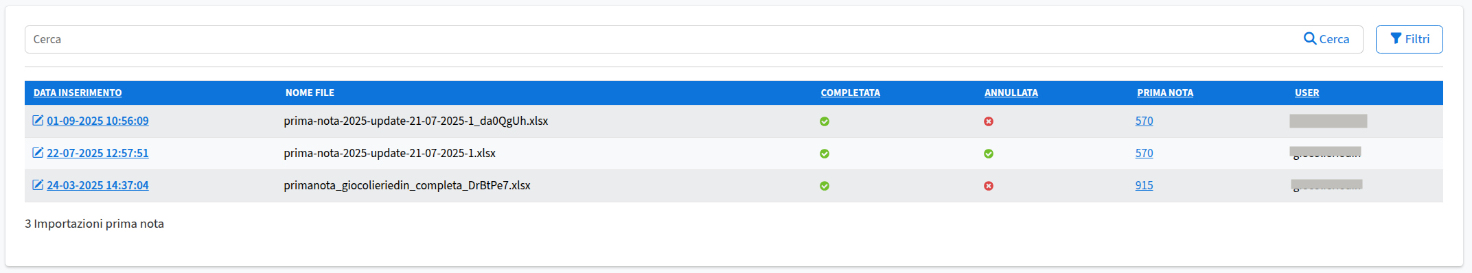 Lista importazioni prima nota