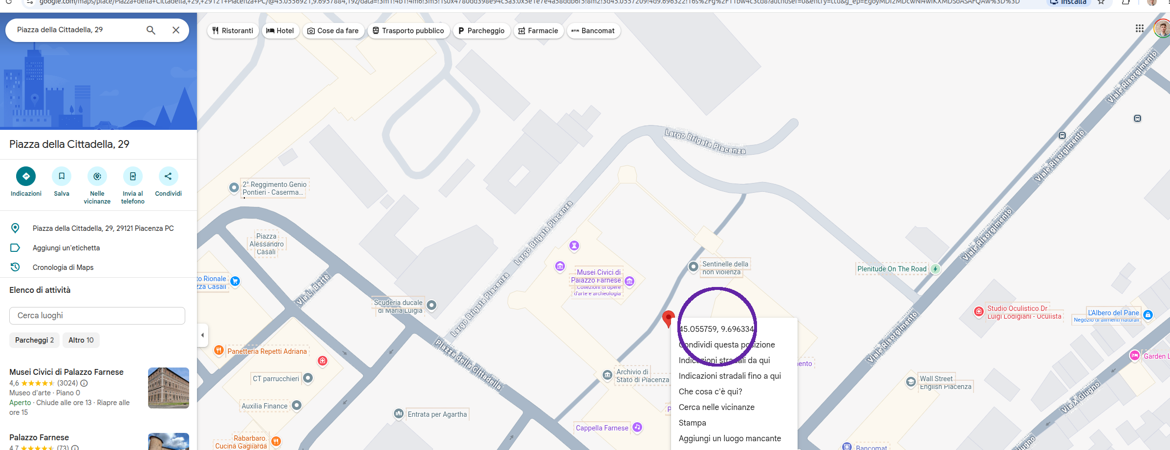 dettaglio su coordinata google maps per parcheggio