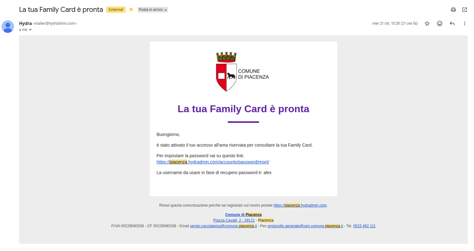Mail di confermata richiesta della tessera